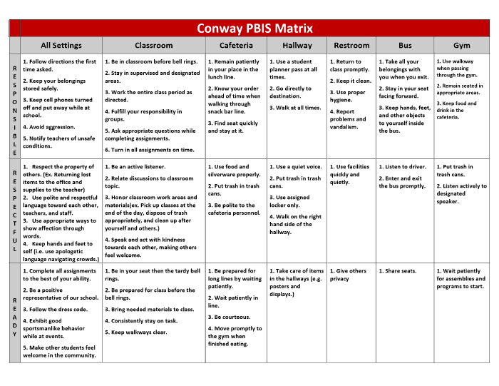 High School PBIS matrix